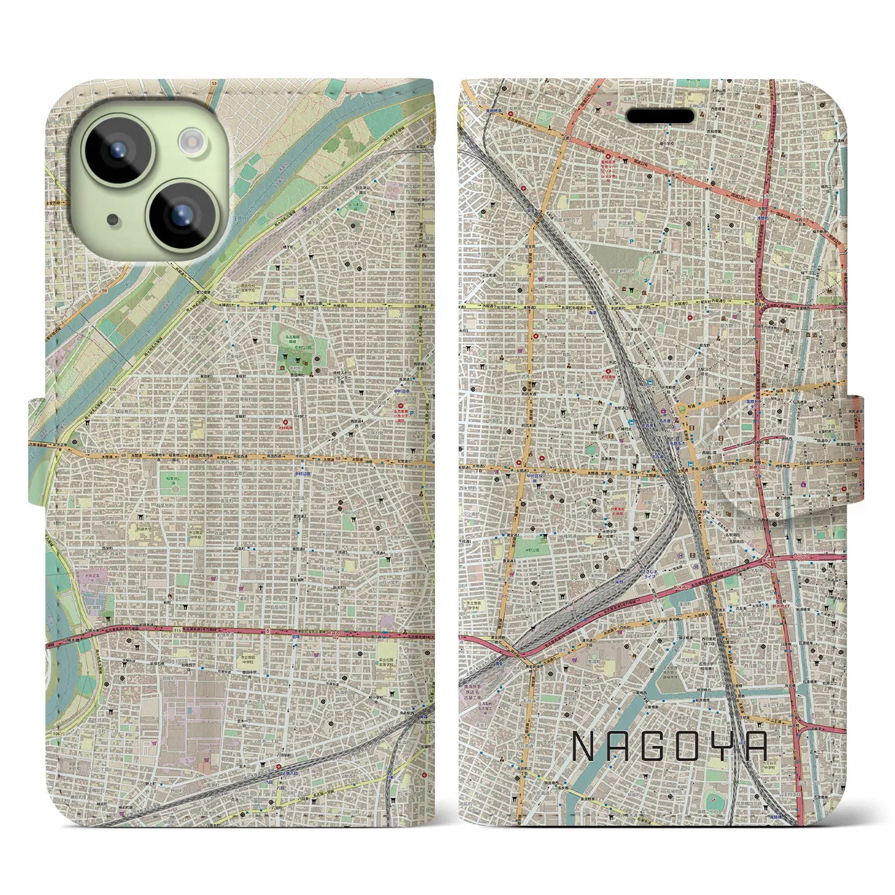 【名古屋2】地図柄iPhoneケース（手帳両面タイプ・ナチュラル）iPhone 15 用