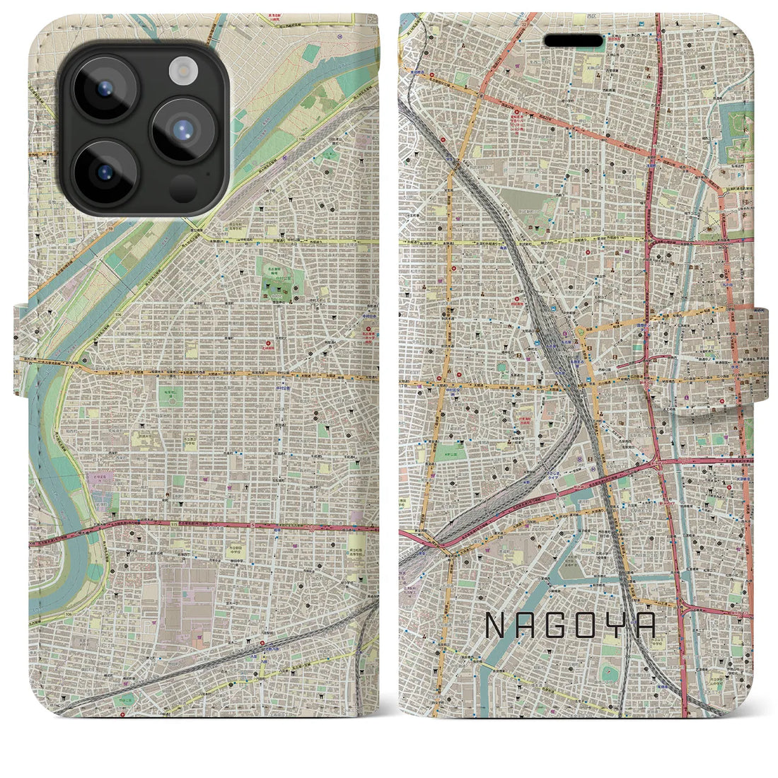 【名古屋2】地図柄iPhoneケース（手帳両面タイプ・ナチュラル）iPhone 15 Pro Max 用