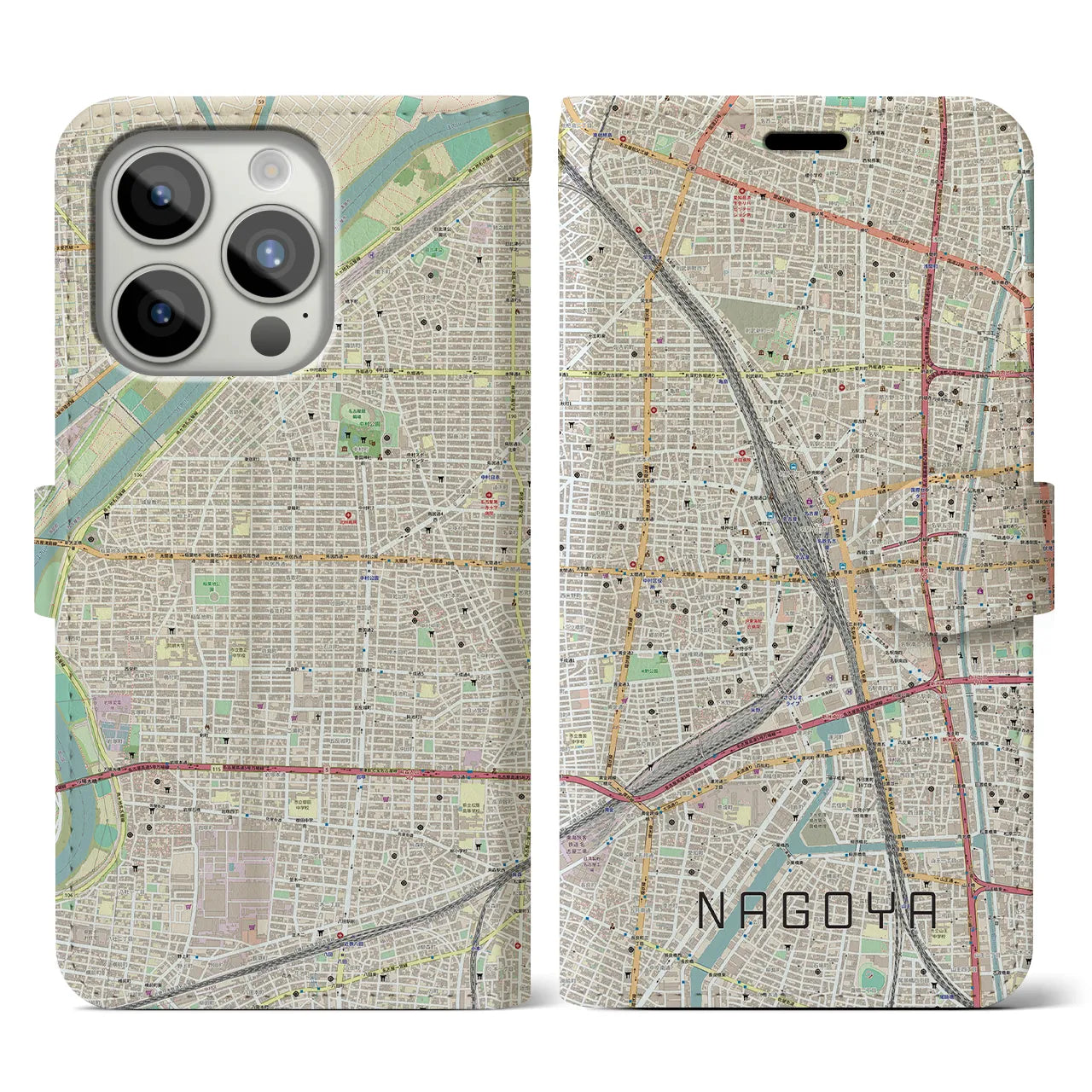 【名古屋2】地図柄iPhoneケース（手帳両面タイプ・ナチュラル）iPhone 15 Pro 用