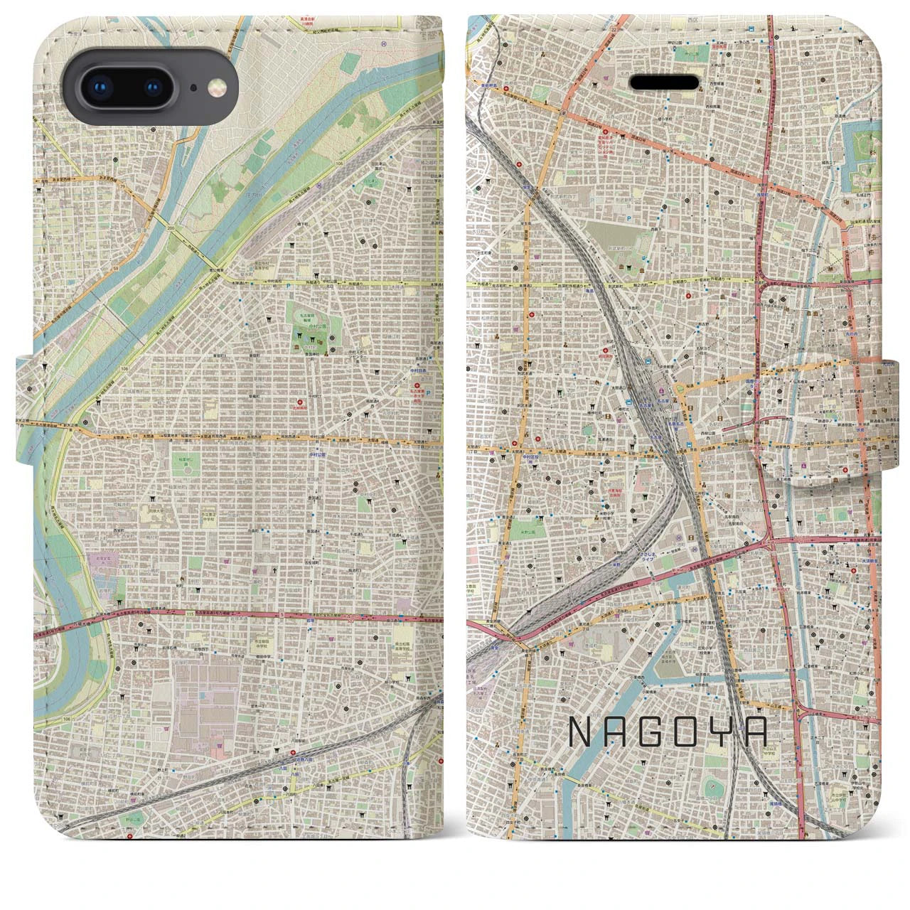 【名古屋2】地図柄iPhoneケース（手帳両面タイプ・ナチュラル）iPhone 8Plus /7Plus / 6sPlus / 6Plus 用