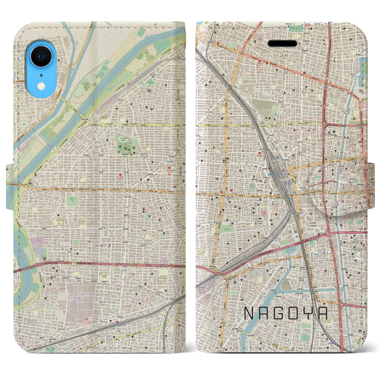 【名古屋2】地図柄iPhoneケース（手帳両面タイプ・ナチュラル）iPhone XR 用