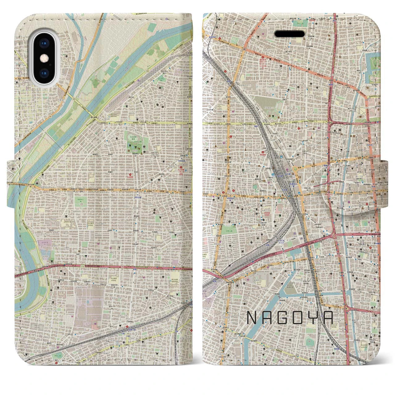 【名古屋2】地図柄iPhoneケース（手帳両面タイプ・ナチュラル）iPhone XS Max 用