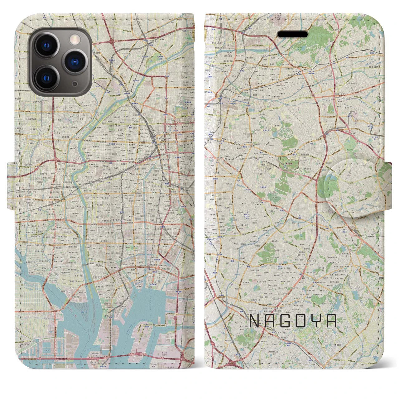 【名古屋】地図柄iPhoneケース（手帳両面タイプ・ナチュラル）iPhone 11 Pro Max 用