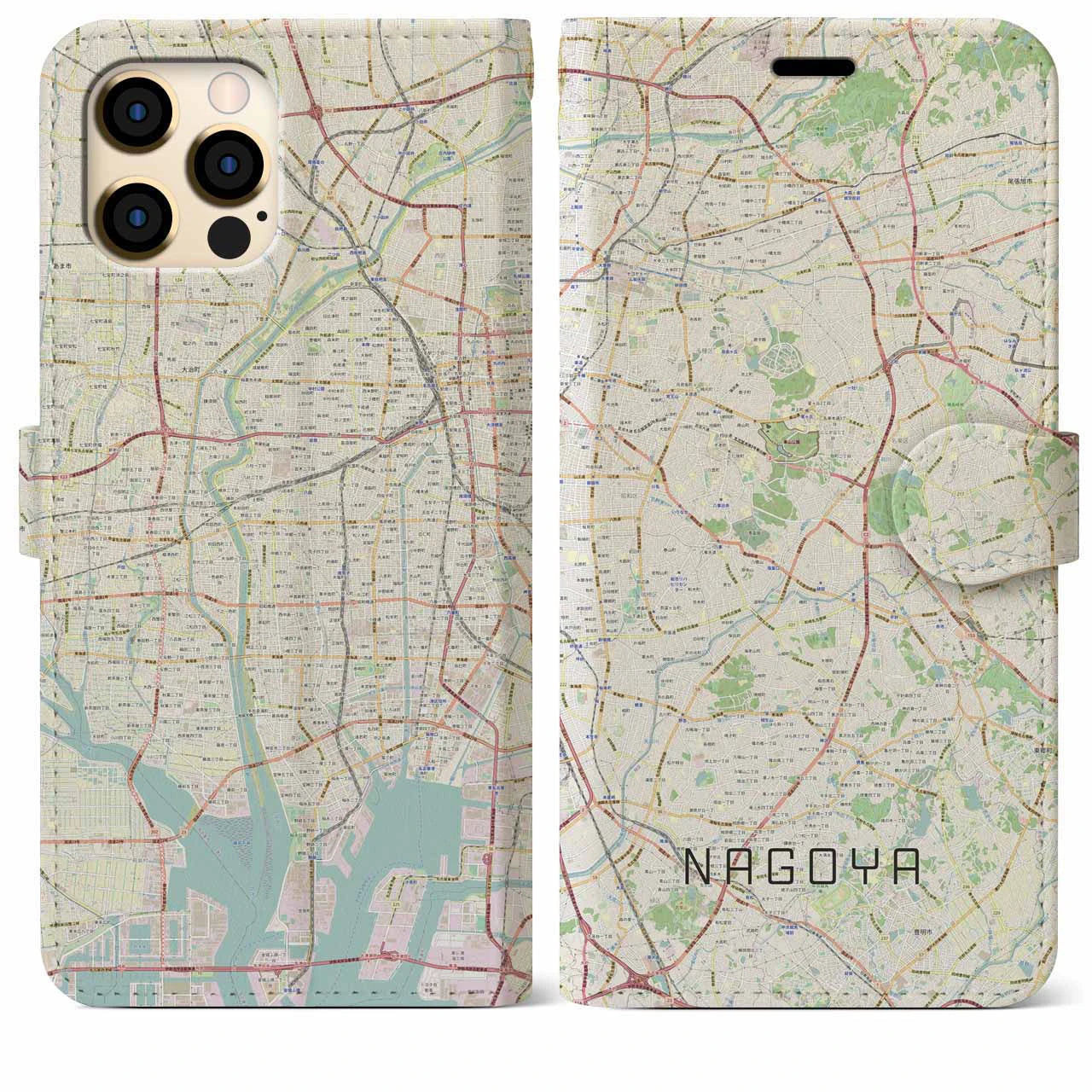 【名古屋】地図柄iPhoneケース（手帳両面タイプ・ナチュラル）iPhone 12 Pro Max 用