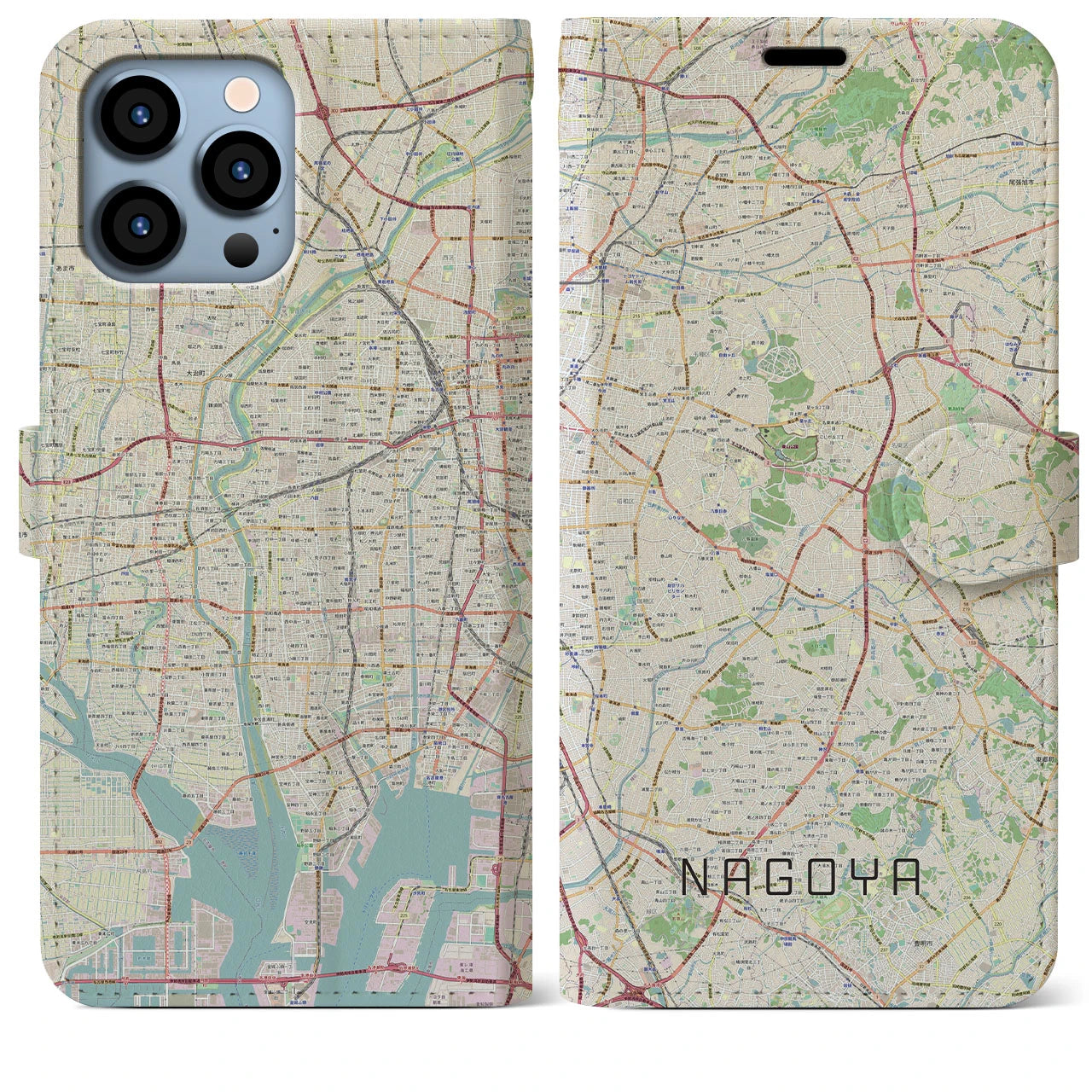 【名古屋】地図柄iPhoneケース（手帳両面タイプ・ナチュラル）iPhone 13 Pro Max 用
