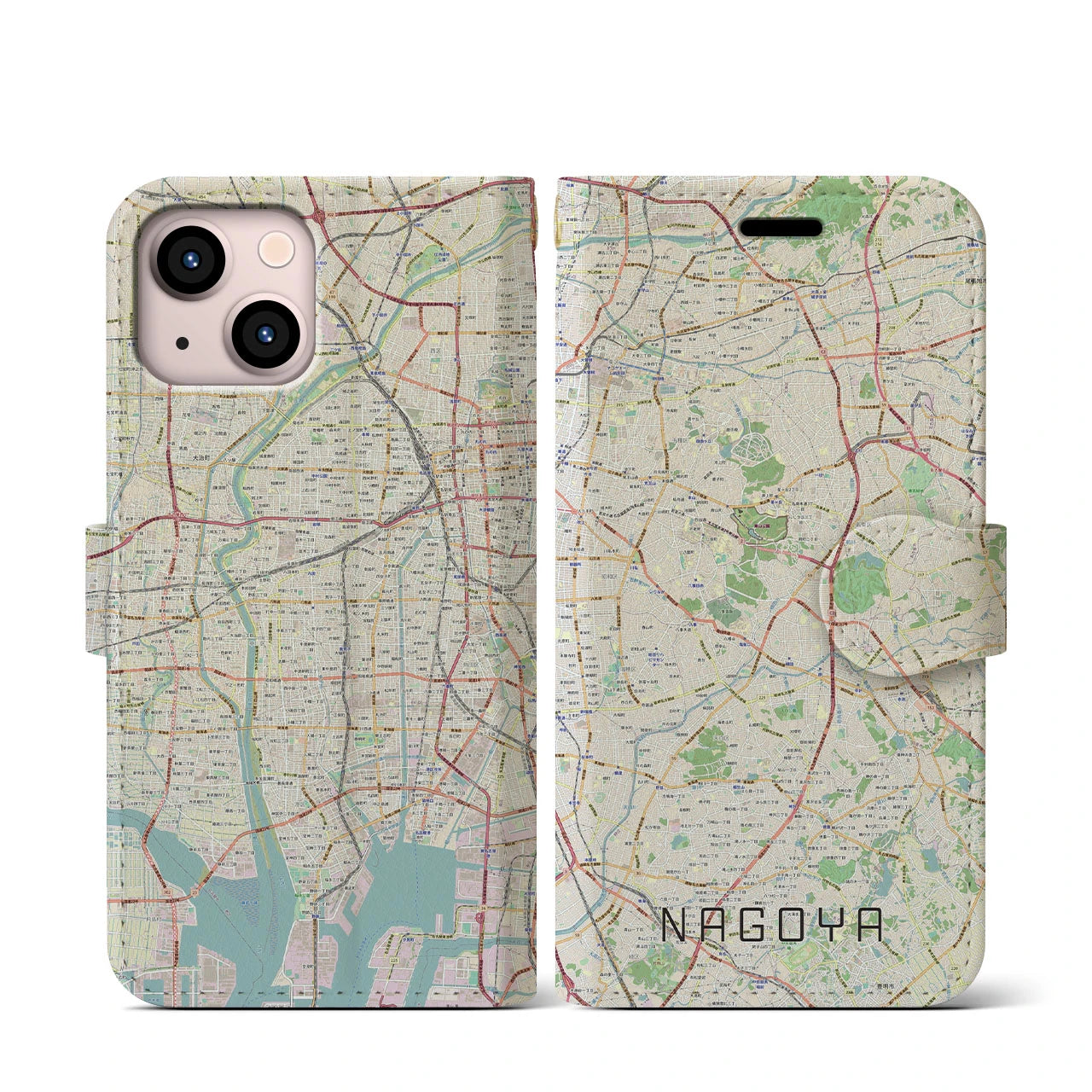【名古屋】地図柄iPhoneケース（手帳両面タイプ・ナチュラル）iPhone 13 mini 用