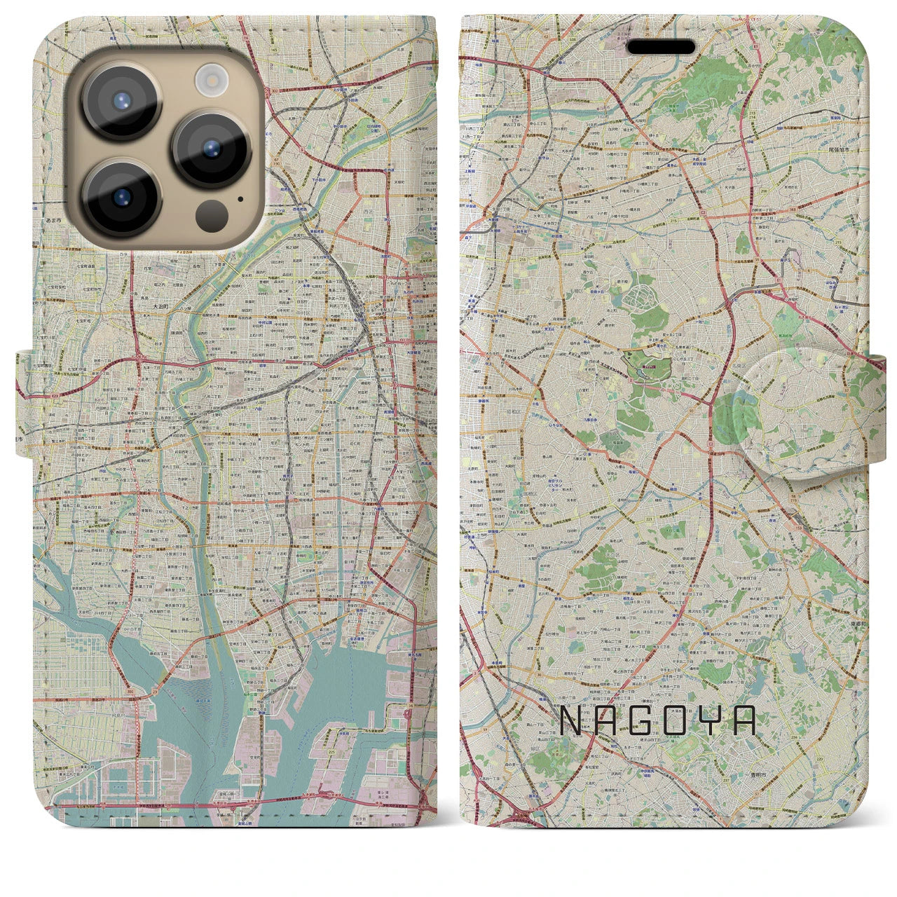 【名古屋】地図柄iPhoneケース（手帳両面タイプ・ナチュラル）iPhone 14 Pro Max 用