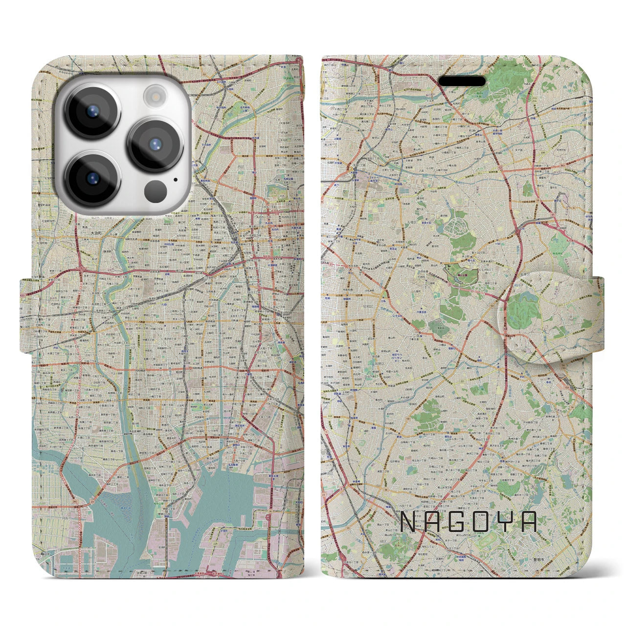 【名古屋】地図柄iPhoneケース（手帳両面タイプ・ナチュラル）iPhone 14 Pro 用