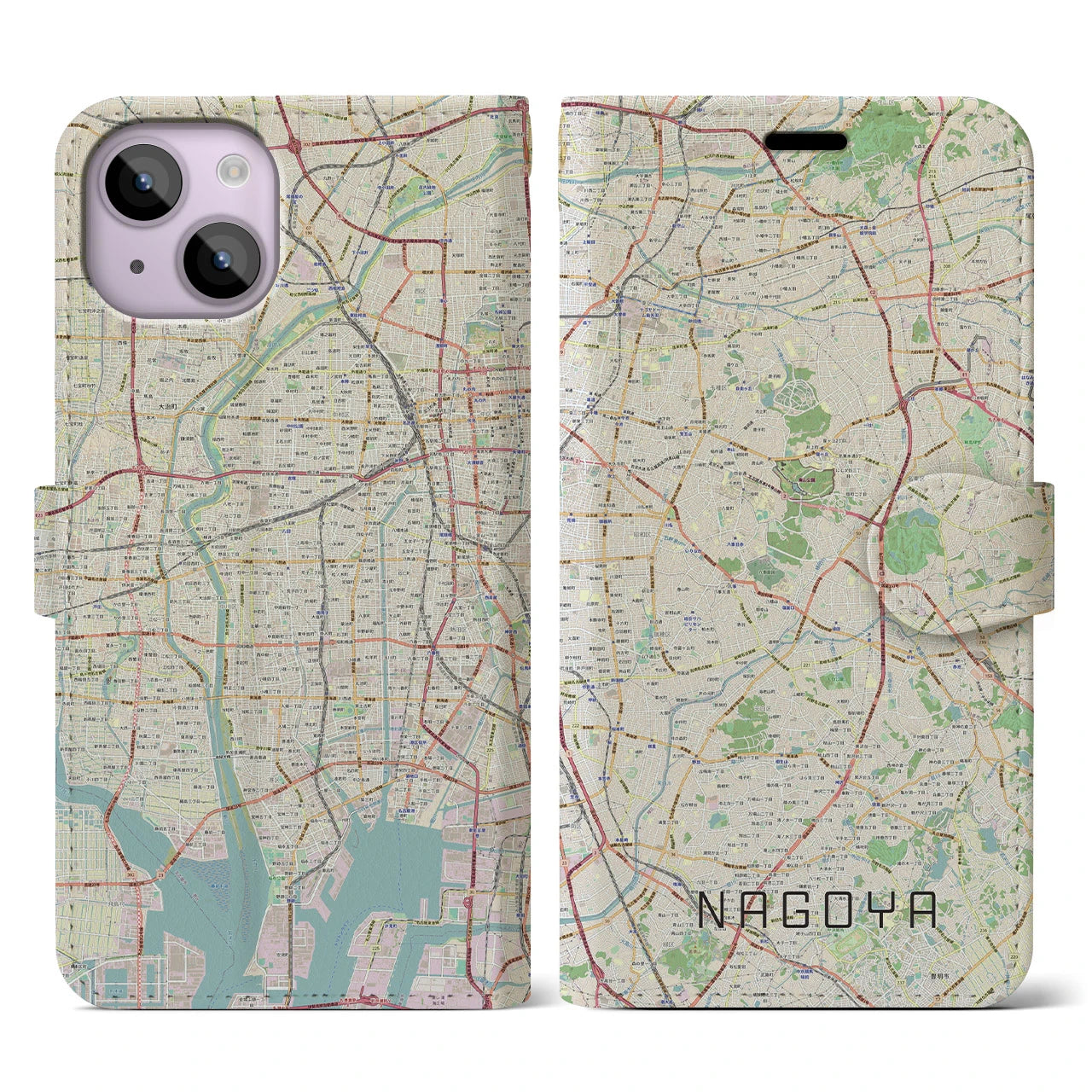 【名古屋】地図柄iPhoneケース（手帳両面タイプ・ナチュラル）iPhone 14 用