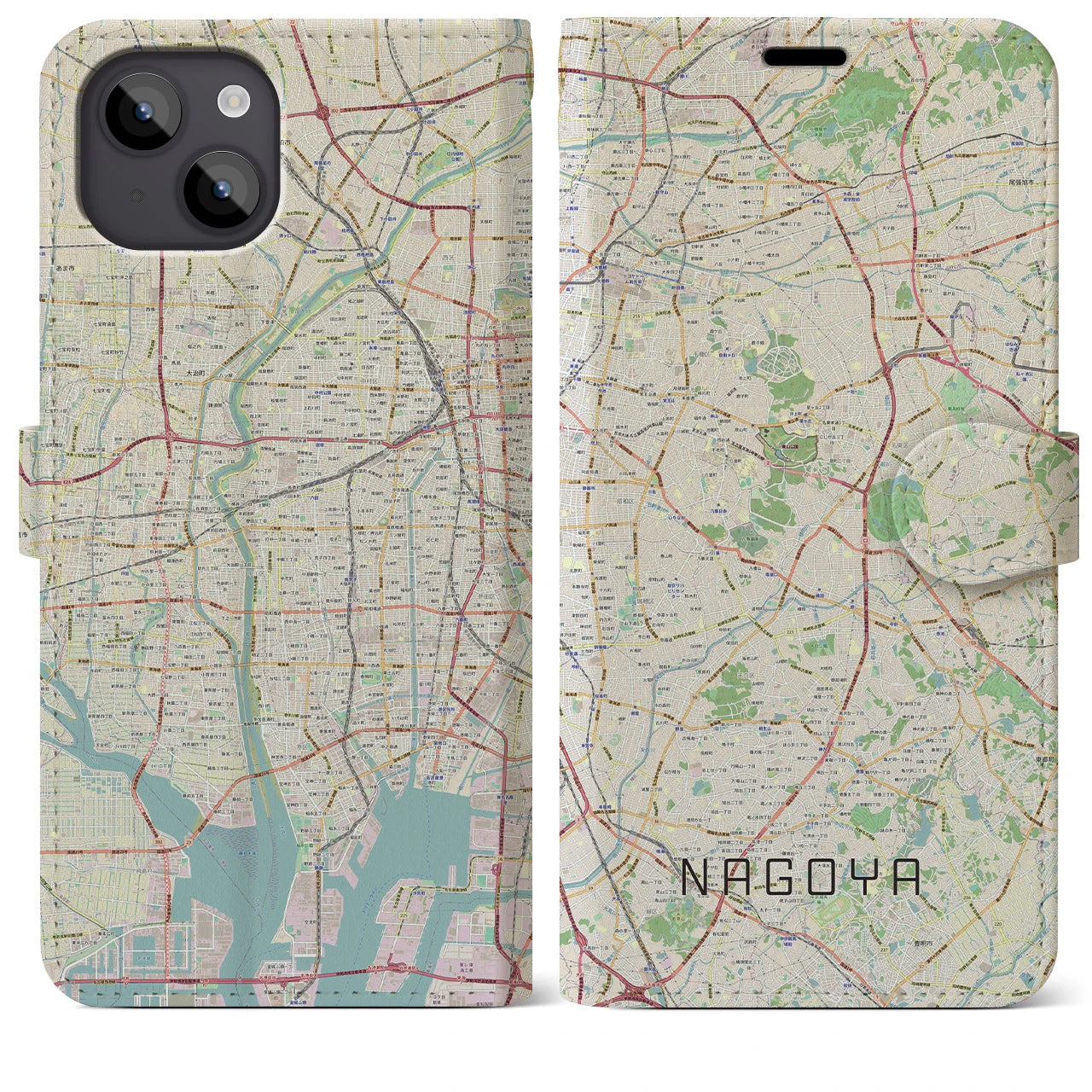 【名古屋】地図柄iPhoneケース（手帳両面タイプ・ナチュラル）iPhone 14 Plus 用