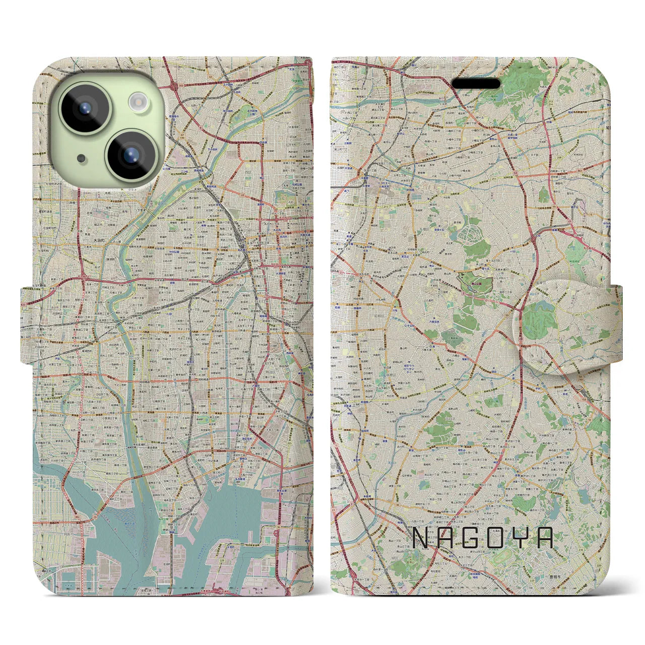 【名古屋】地図柄iPhoneケース（手帳両面タイプ・ナチュラル）iPhone 15 用