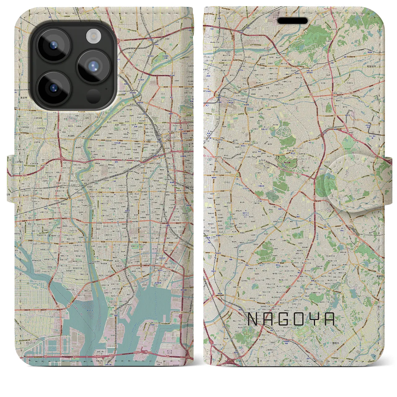 【名古屋】地図柄iPhoneケース（手帳両面タイプ・ナチュラル）iPhone 15 Pro Max 用
