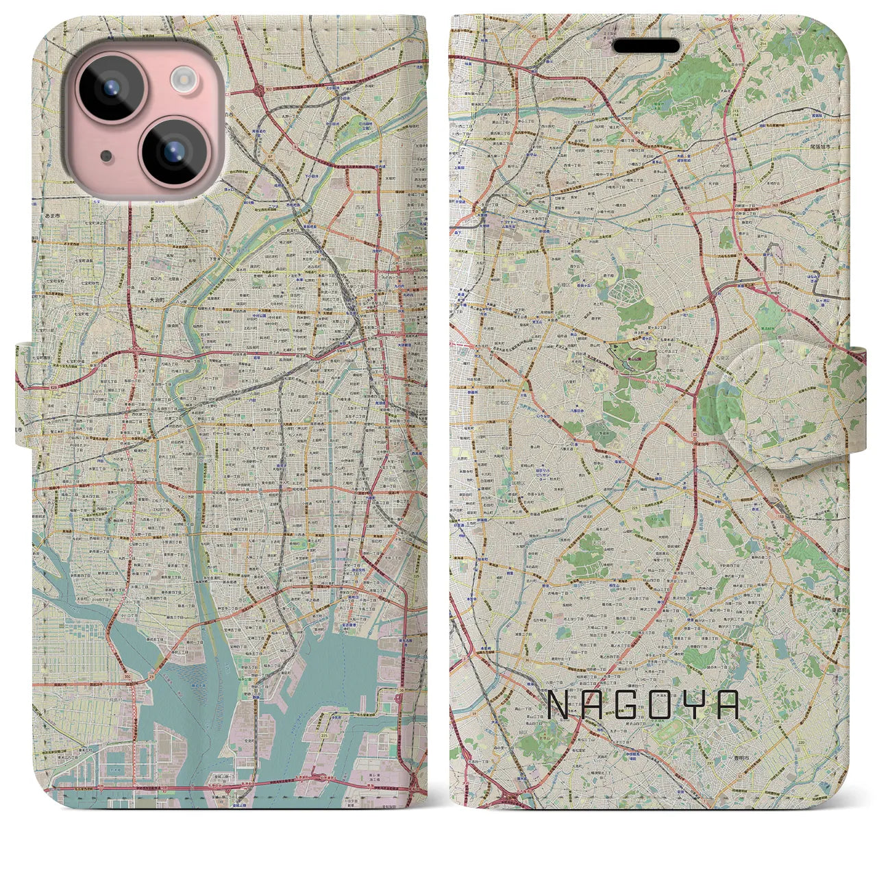 【名古屋】地図柄iPhoneケース（手帳両面タイプ・ナチュラル）iPhone 15 Plus 用