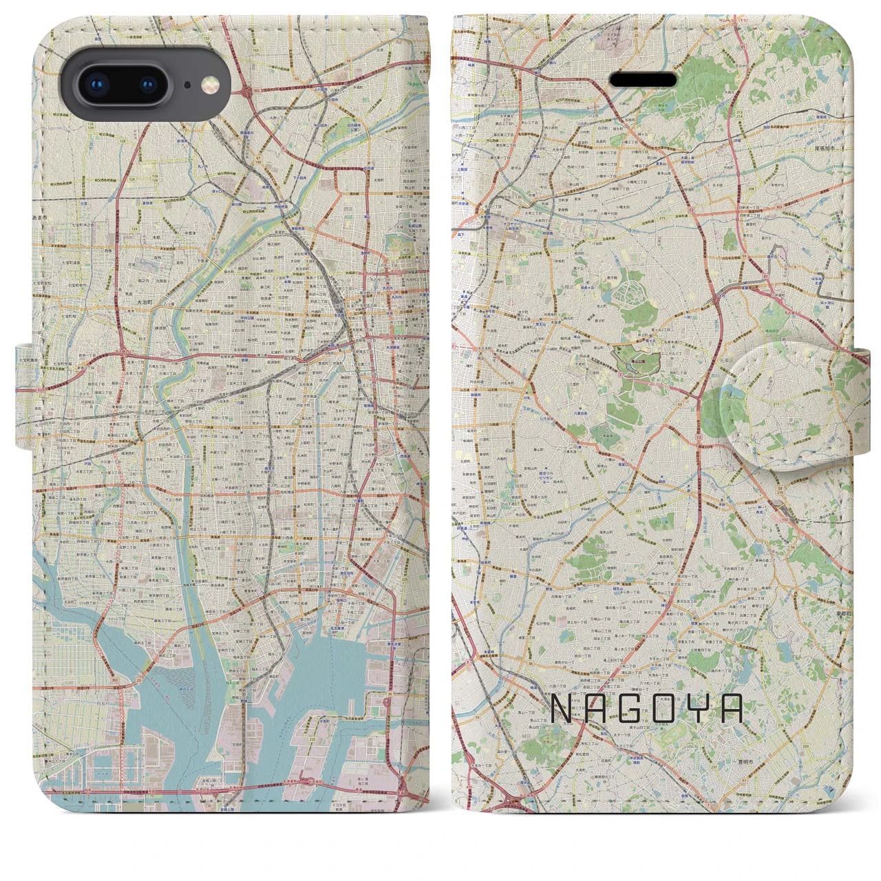 【名古屋】地図柄iPhoneケース（手帳両面タイプ・ナチュラル）iPhone 8Plus /7Plus / 6sPlus / 6Plus 用
