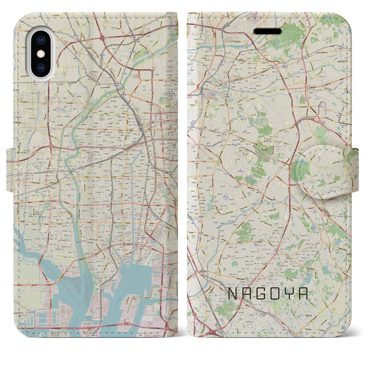 【名古屋】地図柄iPhoneケース（手帳両面タイプ・ナチュラル）iPhone XS Max 用