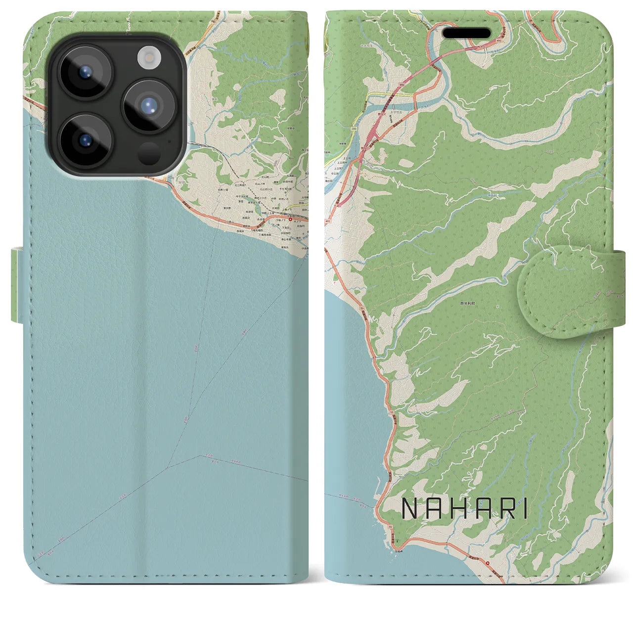 【奈半利（高知県）】地図柄iPhoneケース（手帳タイプ）ナチュラル・iPhone 15 Pro Max 用