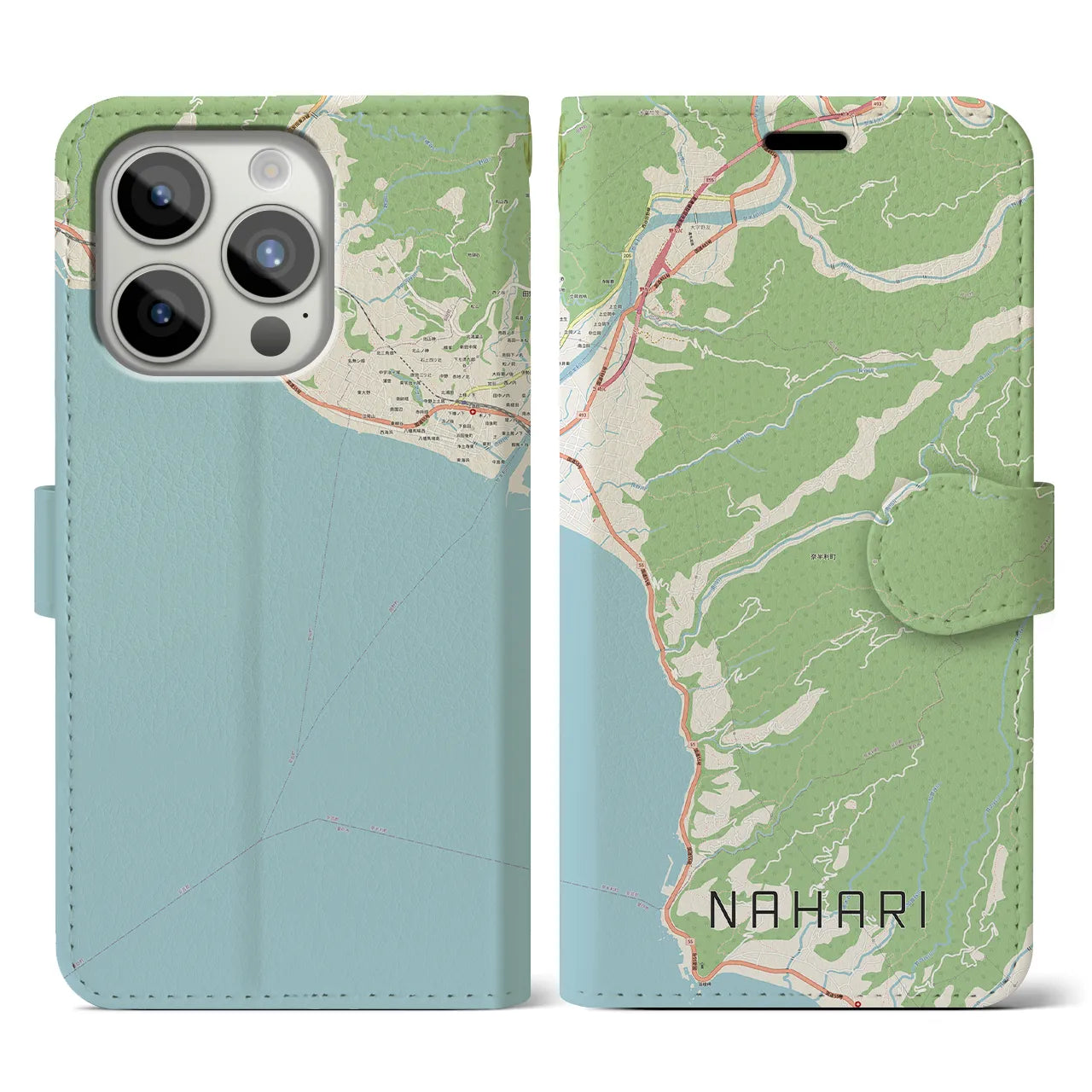 【奈半利（高知県）】地図柄iPhoneケース（手帳タイプ）ナチュラル・iPhone 15 Pro 用