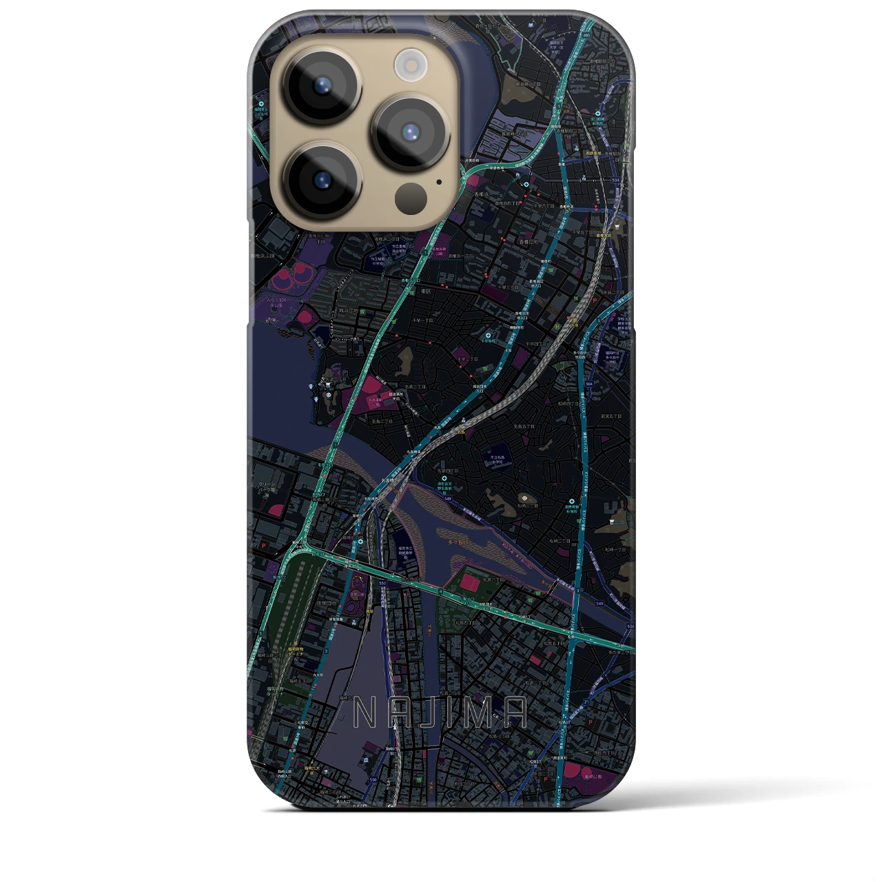 【名島】地図柄iPhoneケース（バックカバータイプ・ブラック）iPhone 14 Pro Max 用