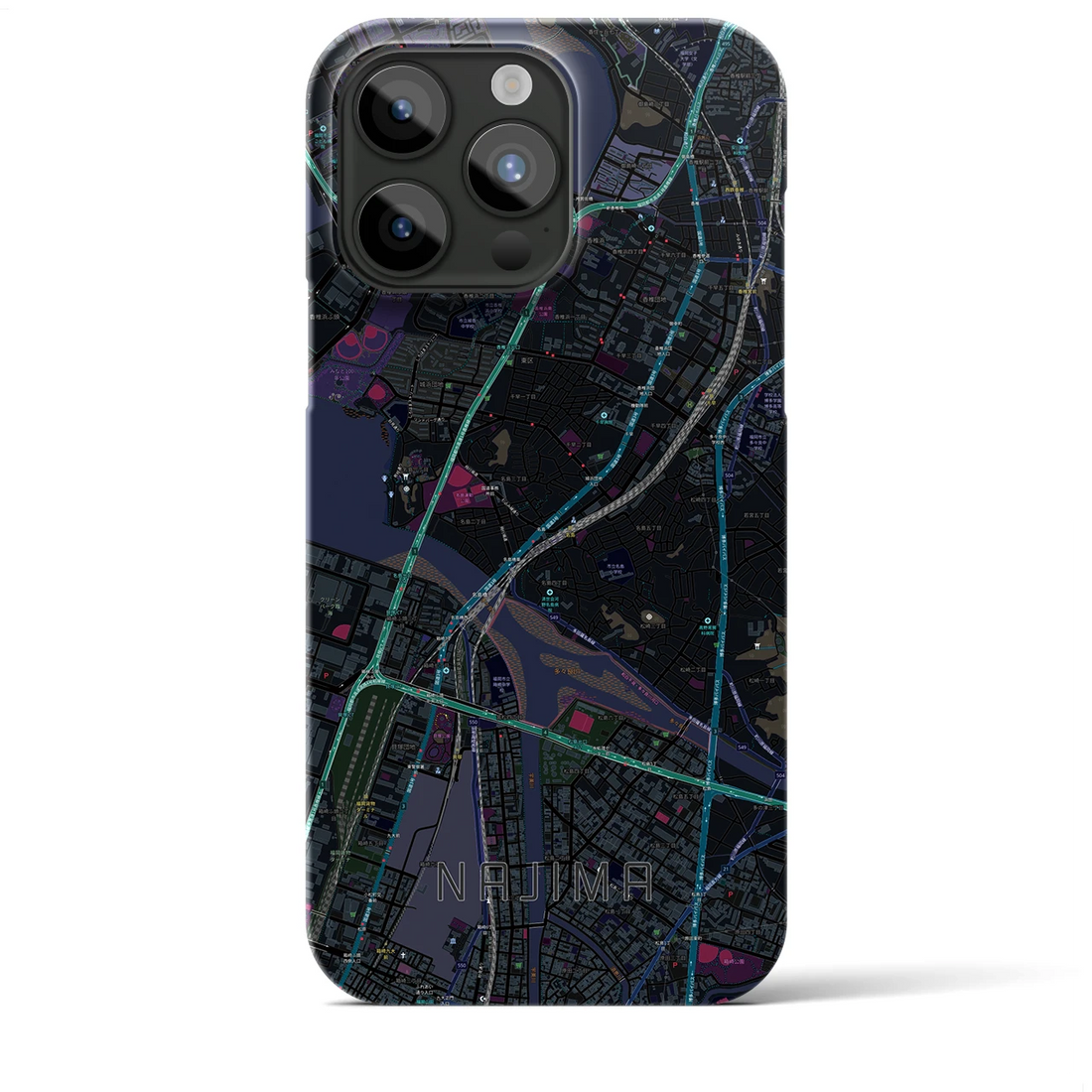 【名島】地図柄iPhoneケース（バックカバータイプ・ブラック）iPhone 15 Pro Max 用