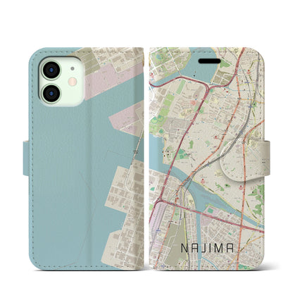 【名島（福岡県）】地図柄iPhoneケース（手帳タイプ）ナチュラル・iPhone 12 mini 用