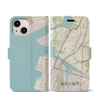 【名島（福岡県）】地図柄iPhoneケース（手帳タイプ）ナチュラル・iPhone 13 mini 用