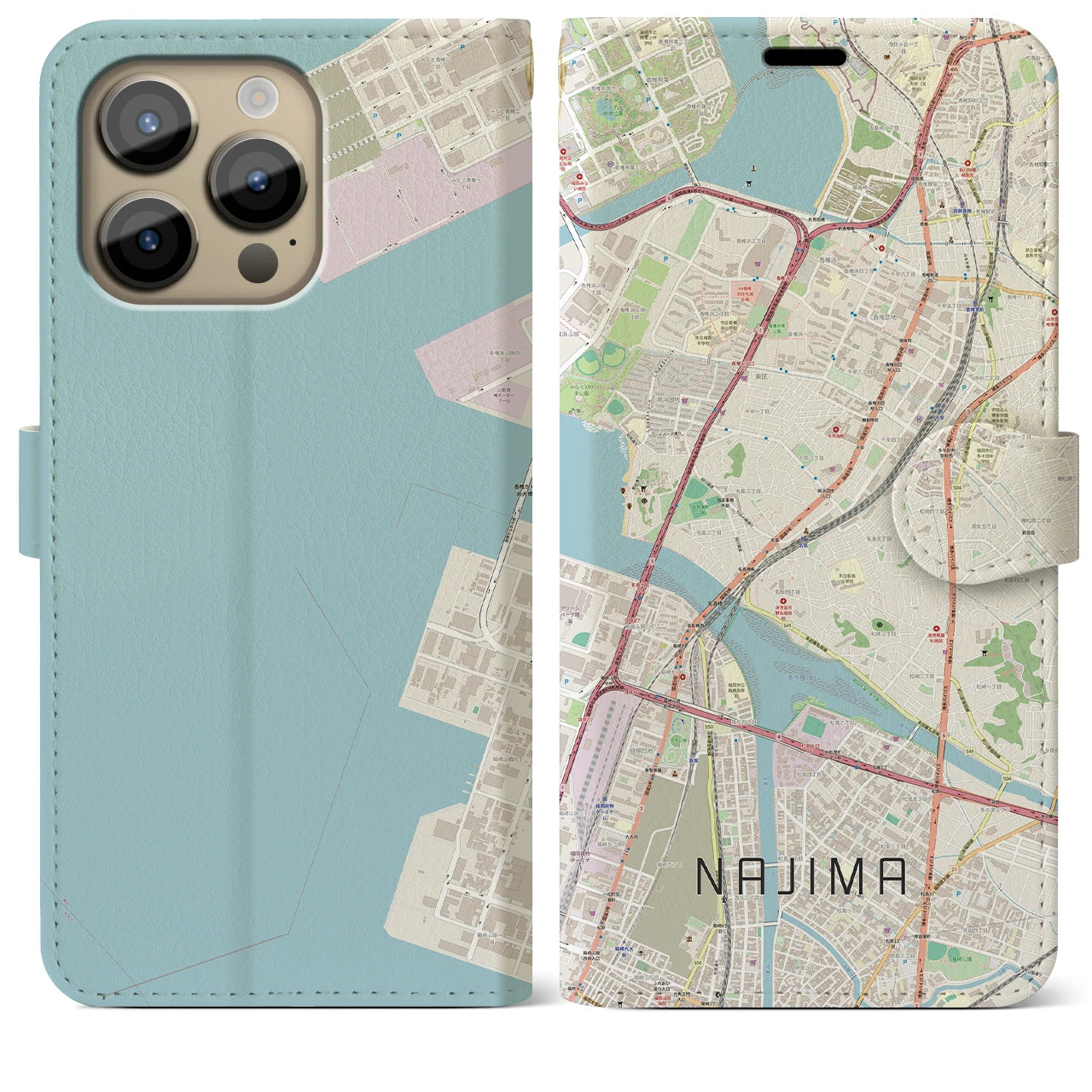 【名島】地図柄iPhoneケース（手帳両面タイプ・ナチュラル）iPhone 14 Pro Max 用