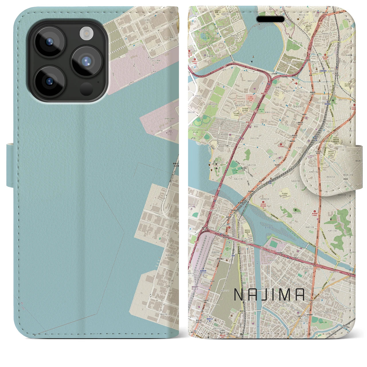 【名島】地図柄iPhoneケース（手帳両面タイプ・ナチュラル）iPhone 15 Pro Max 用