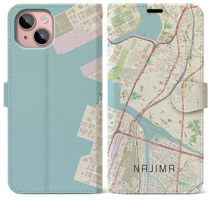 【名島（福岡県）】地図柄iPhoneケース（手帳タイプ）ナチュラル・iPhone 15 Plus 用