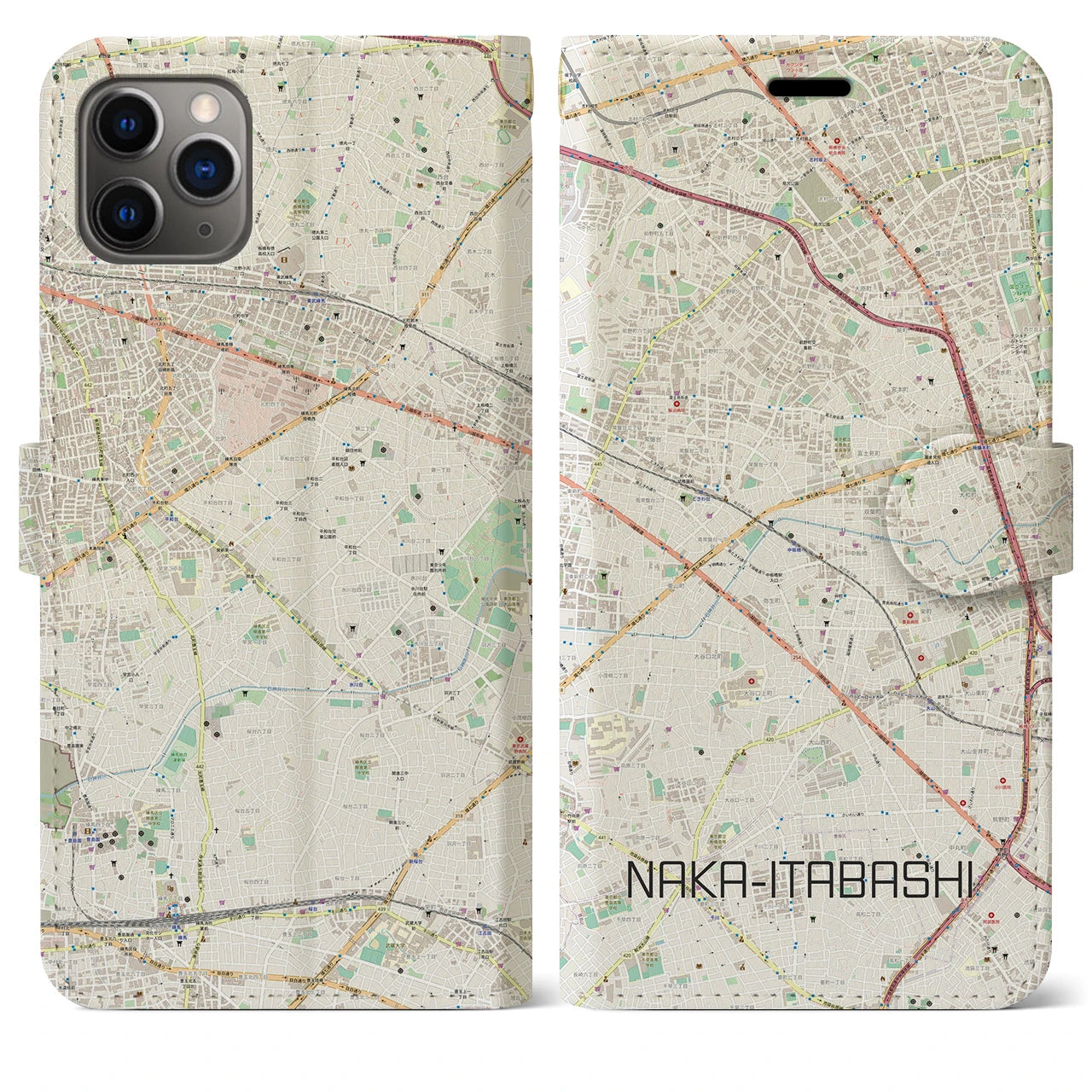 【中板橋】地図柄iPhoneケース（手帳両面タイプ・ナチュラル）iPhone 11 Pro Max 用