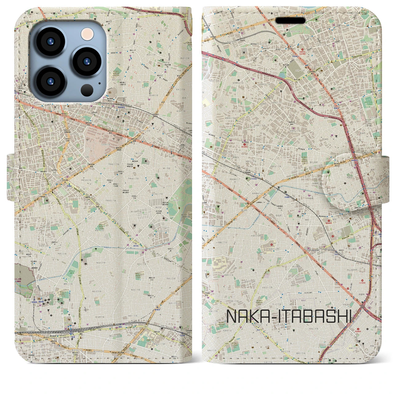 【中板橋】地図柄iPhoneケース（手帳両面タイプ・ナチュラル）iPhone 13 Pro Max 用