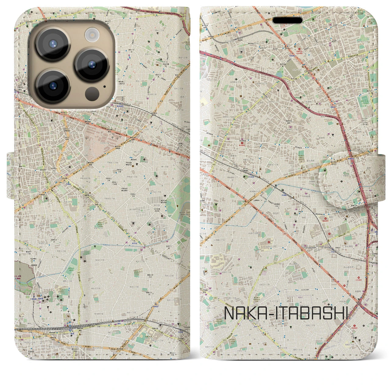 【中板橋】地図柄iPhoneケース（手帳両面タイプ・ナチュラル）iPhone 14 Pro Max 用