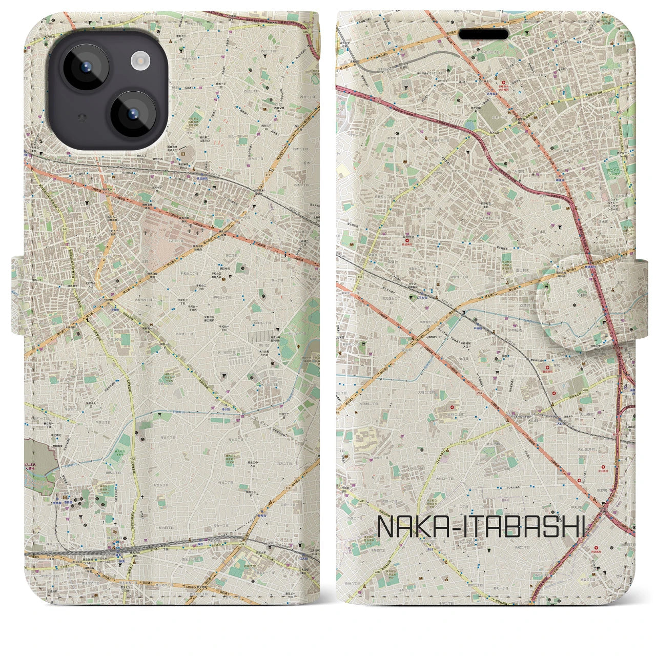 【中板橋】地図柄iPhoneケース（手帳両面タイプ・ナチュラル）iPhone 14 Plus 用