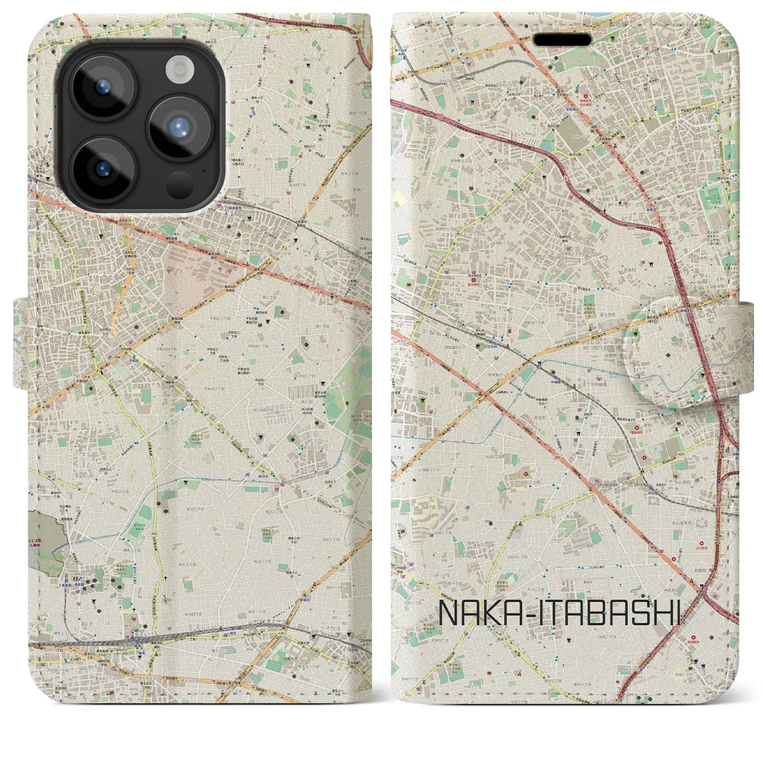 【中板橋】地図柄iPhoneケース（手帳両面タイプ・ナチュラル）iPhone 15 Pro Max 用
