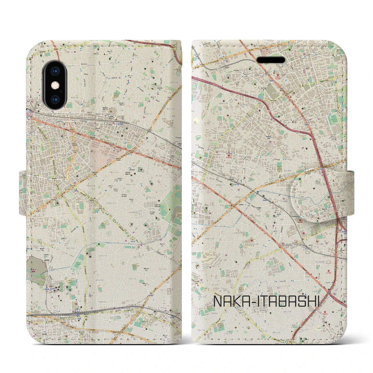 【中板橋】地図柄iPhoneケース（手帳両面タイプ・ナチュラル）iPhone XS / X 用