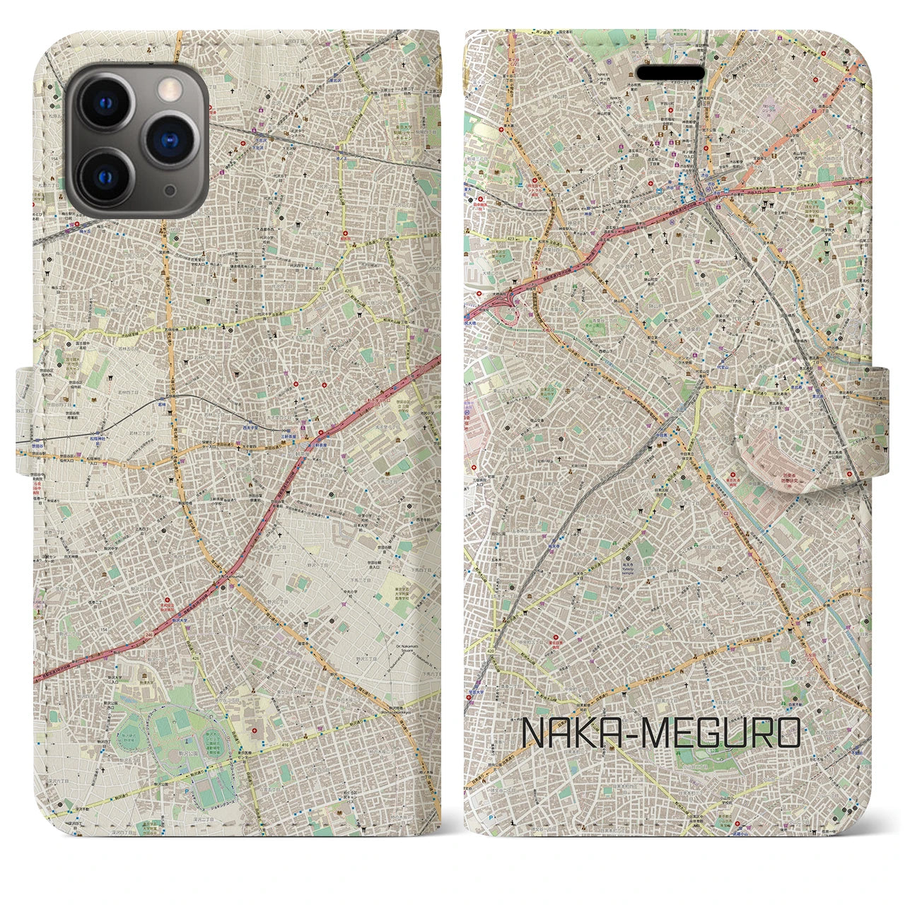【中目黒】地図柄iPhoneケース（手帳両面タイプ・ナチュラル）iPhone 11 Pro Max 用