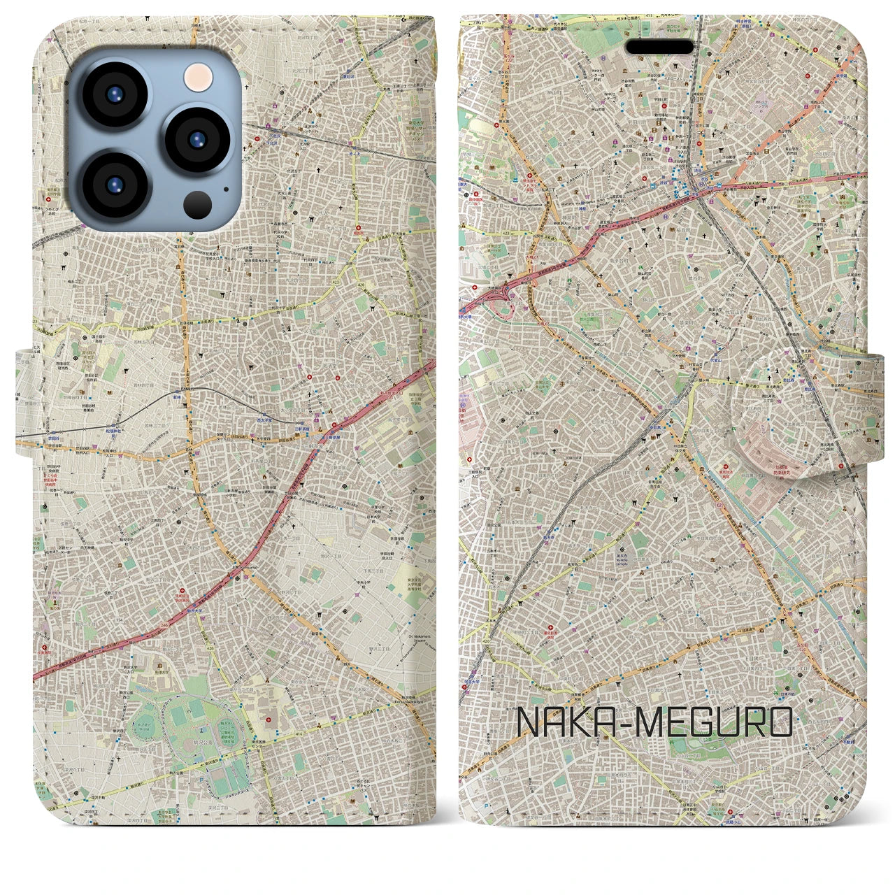 【中目黒】地図柄iPhoneケース（手帳両面タイプ・ナチュラル）iPhone 13 Pro Max 用