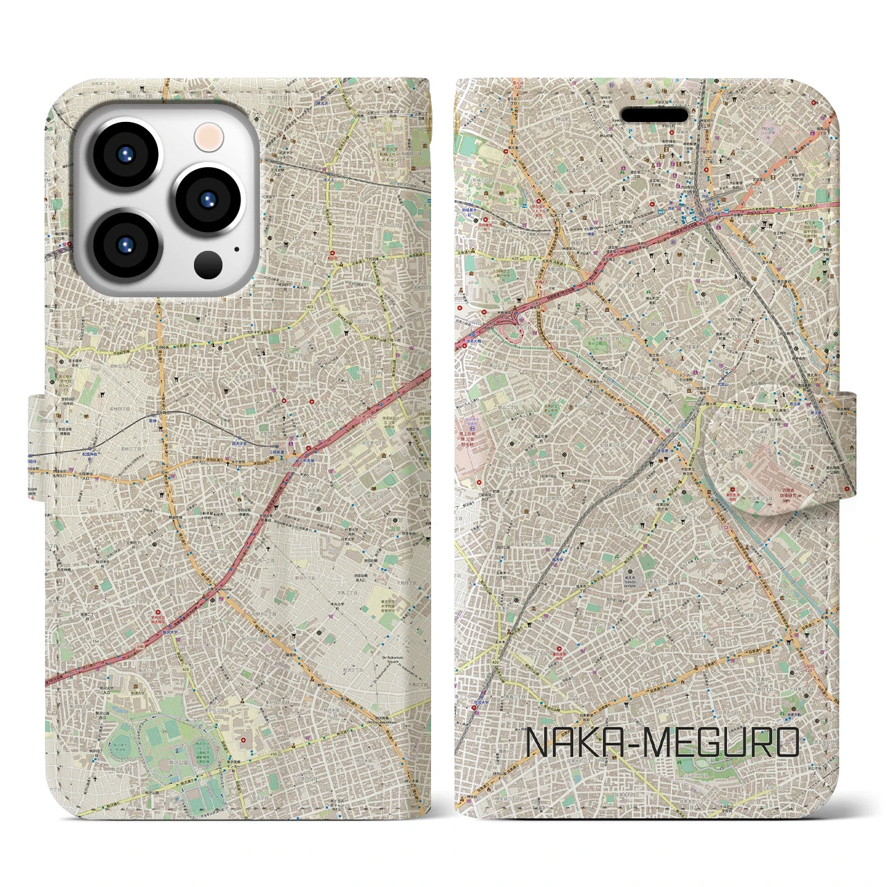 【中目黒】地図柄iPhoneケース（手帳両面タイプ・ナチュラル）iPhone 13 Pro 用