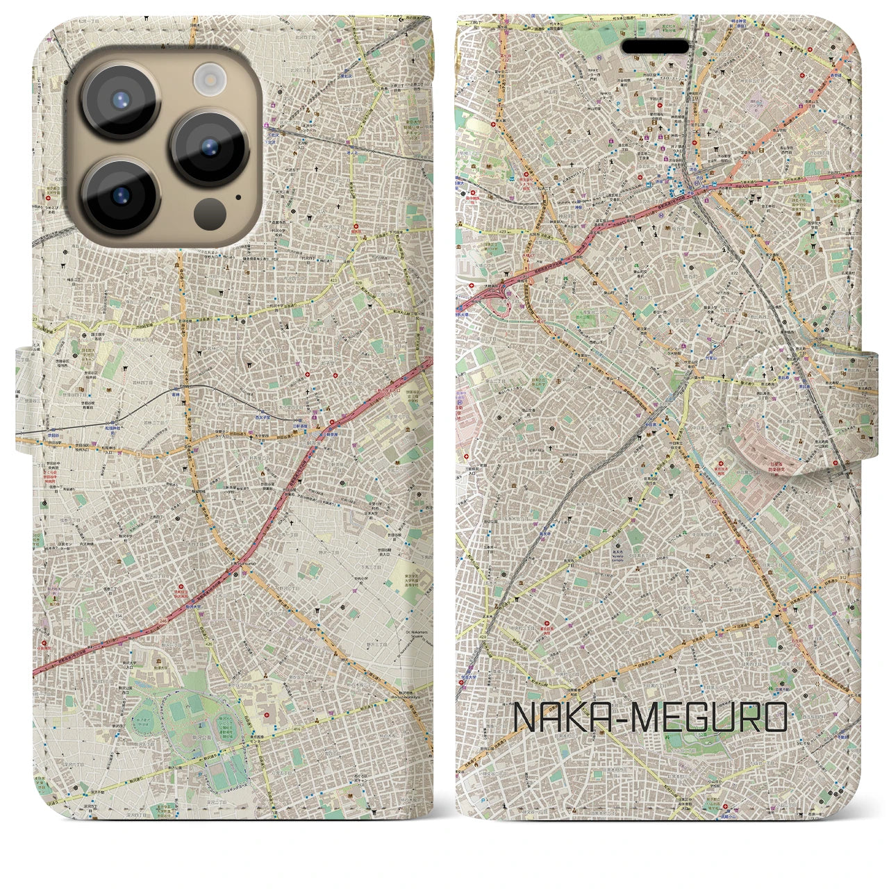 【中目黒】地図柄iPhoneケース（手帳両面タイプ・ナチュラル）iPhone 14 Pro Max 用