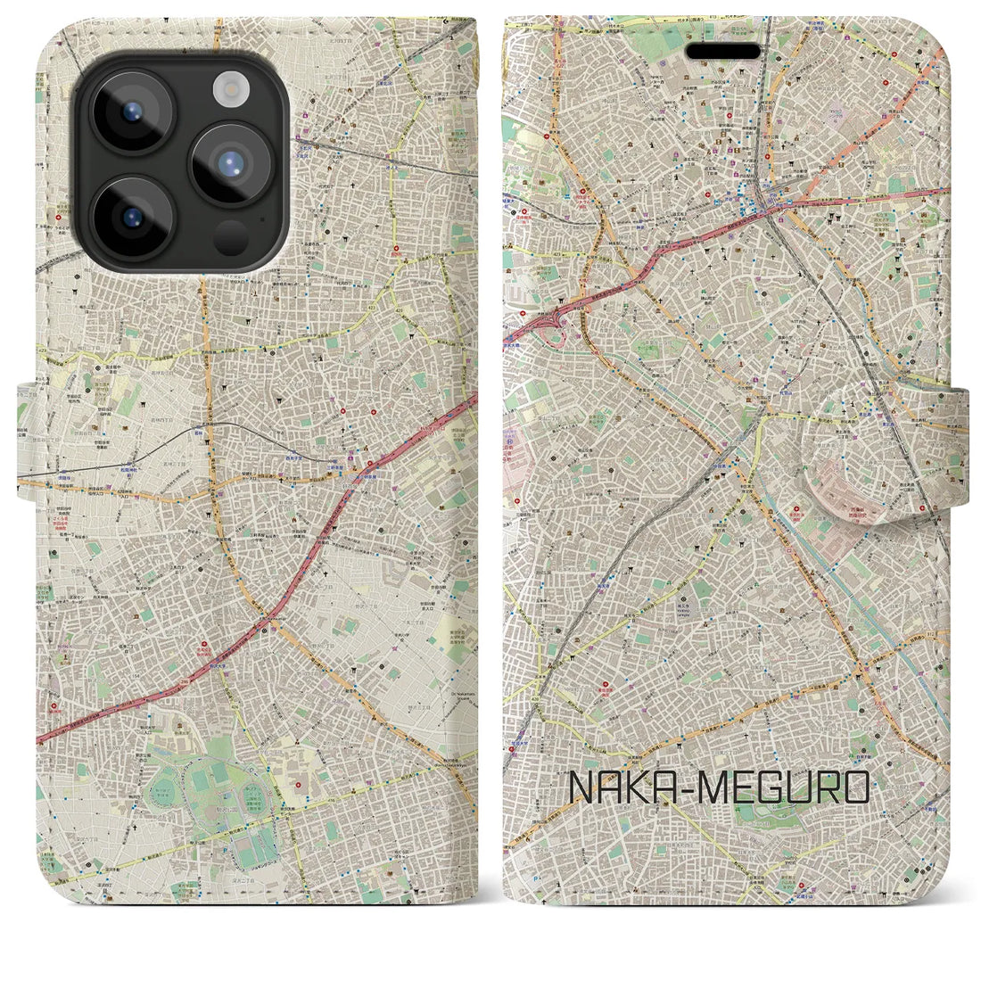 【中目黒】地図柄iPhoneケース（手帳両面タイプ・ナチュラル）iPhone 15 Pro Max 用