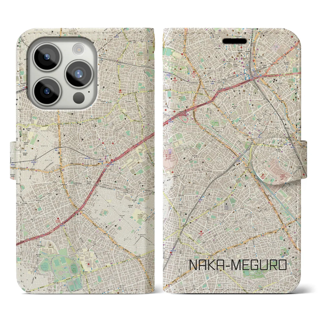 【中目黒】地図柄iPhoneケース（手帳両面タイプ・ナチュラル）iPhone 15 Pro 用