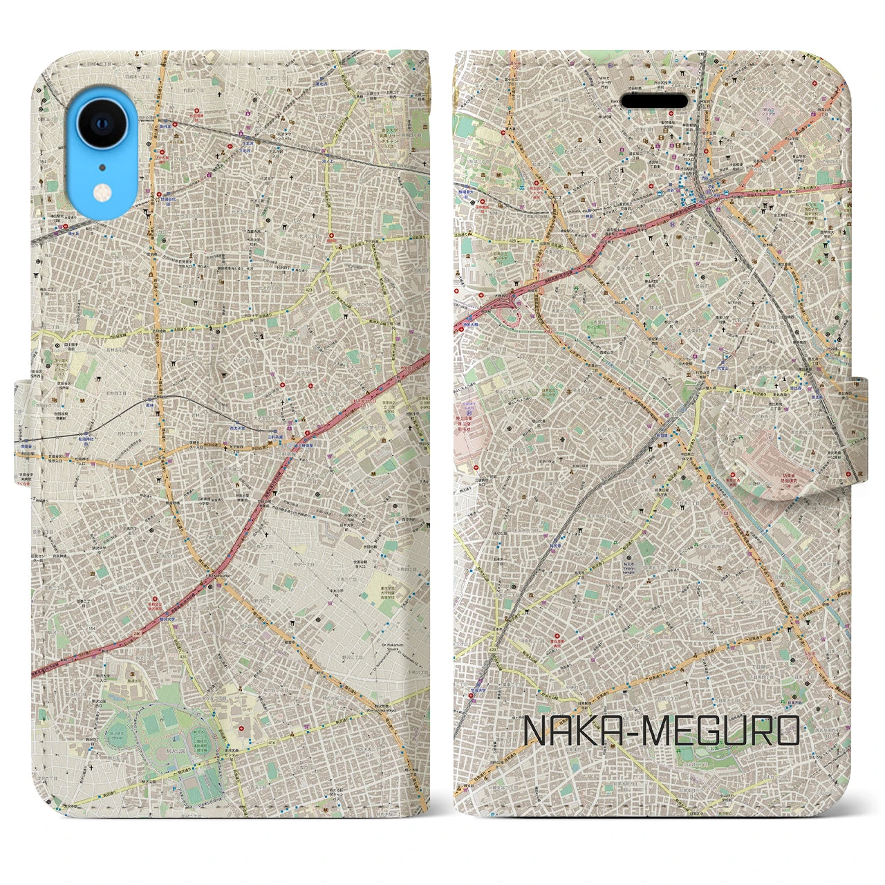 【中目黒】地図柄iPhoneケース（手帳両面タイプ・ナチュラル）iPhone XR 用
