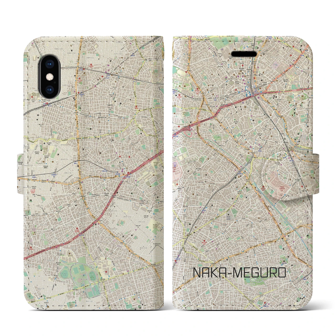 【中目黒】地図柄iPhoneケース（手帳両面タイプ・ナチュラル）iPhone XS / X 用