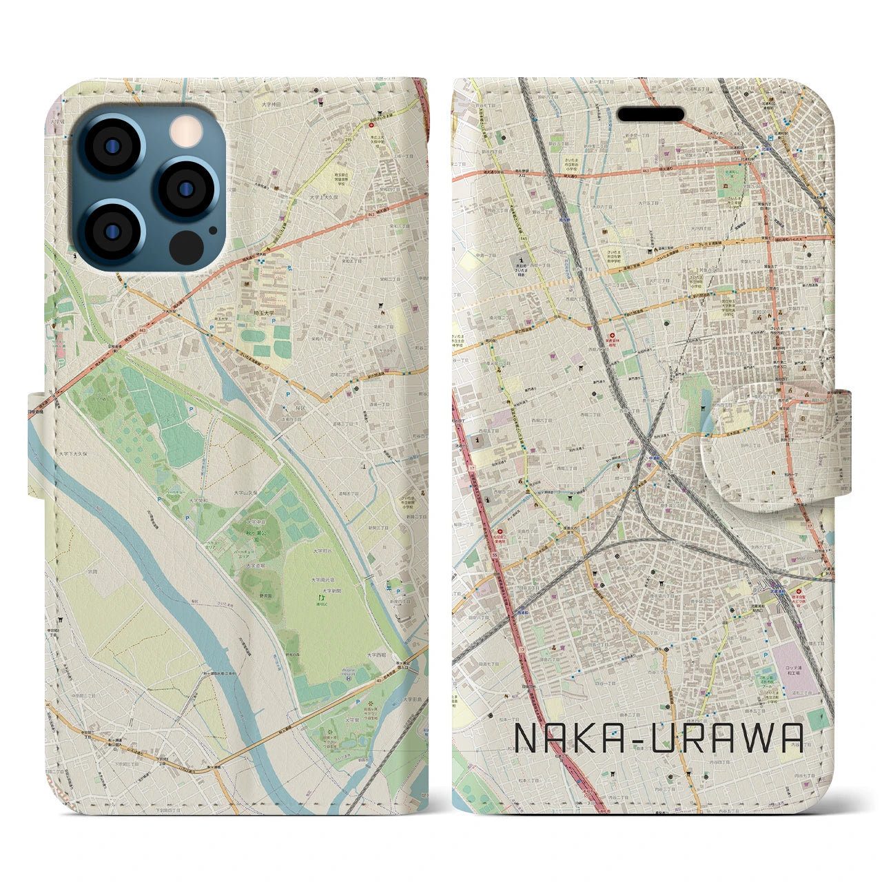【中浦和】地図柄iPhoneケース（手帳両面タイプ・ナチュラル）iPhone 12 / 12 Pro 用
