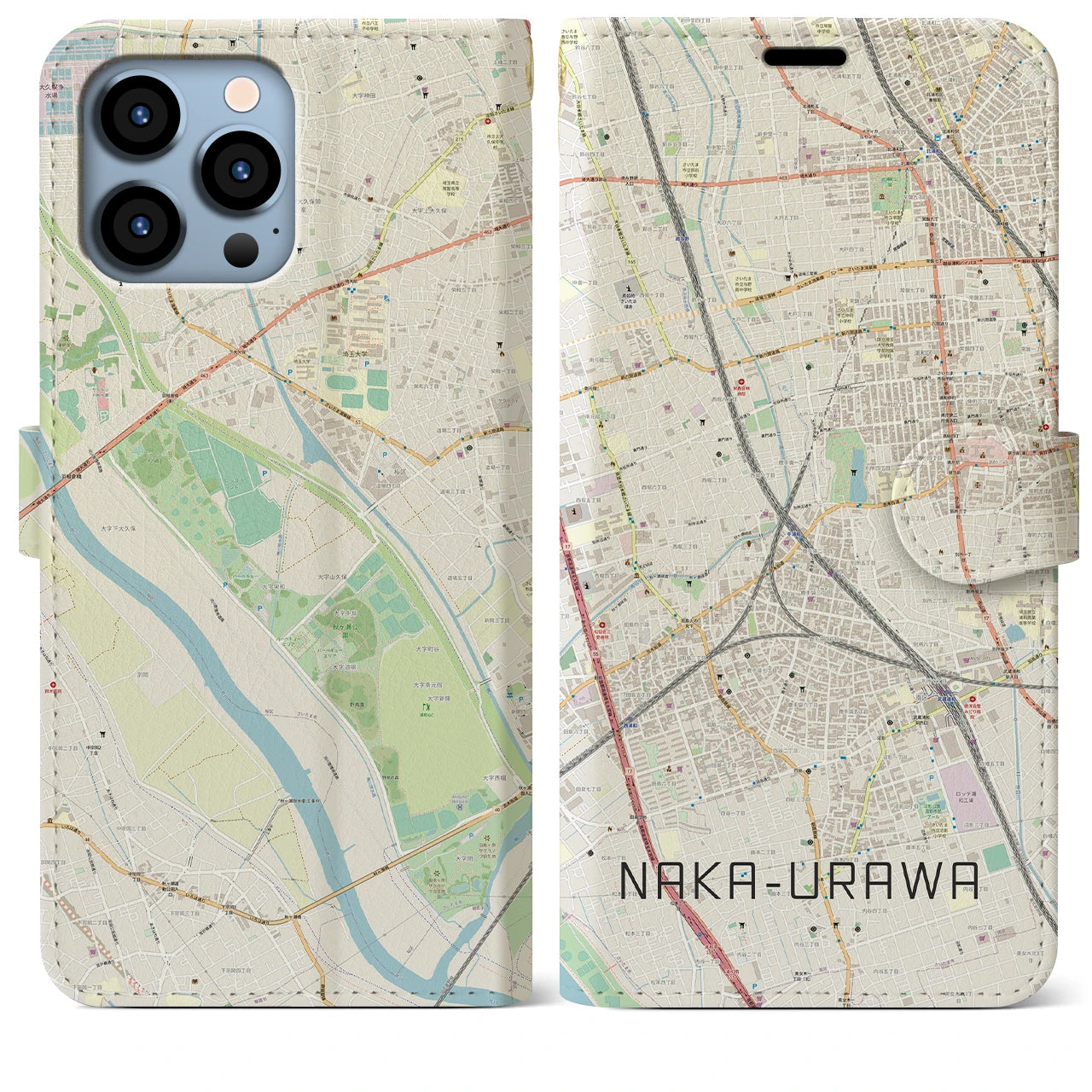 【中浦和】地図柄iPhoneケース（手帳両面タイプ・ナチュラル）iPhone 13 Pro Max 用