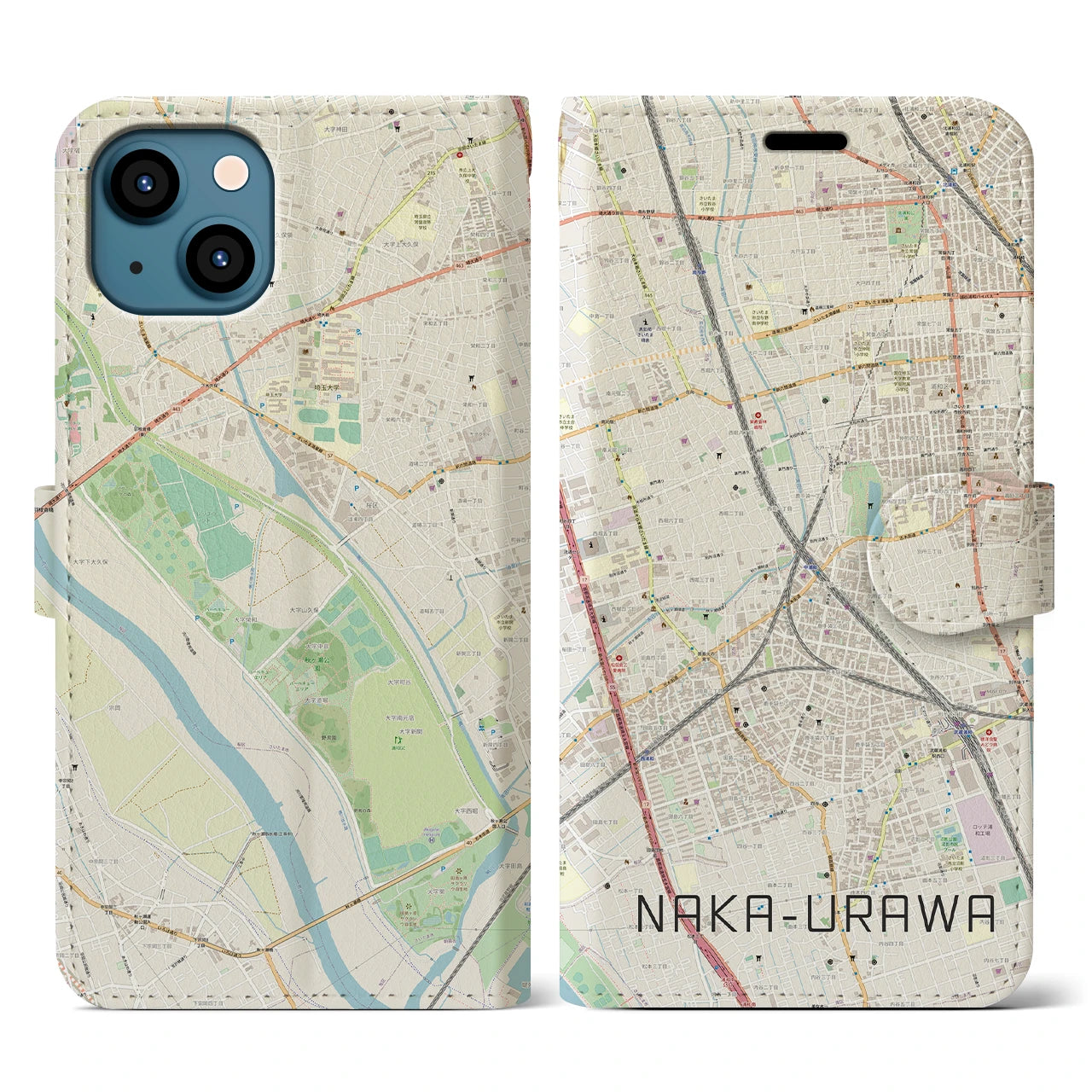 【中浦和】地図柄iPhoneケース（手帳両面タイプ・ナチュラル）iPhone 13 用