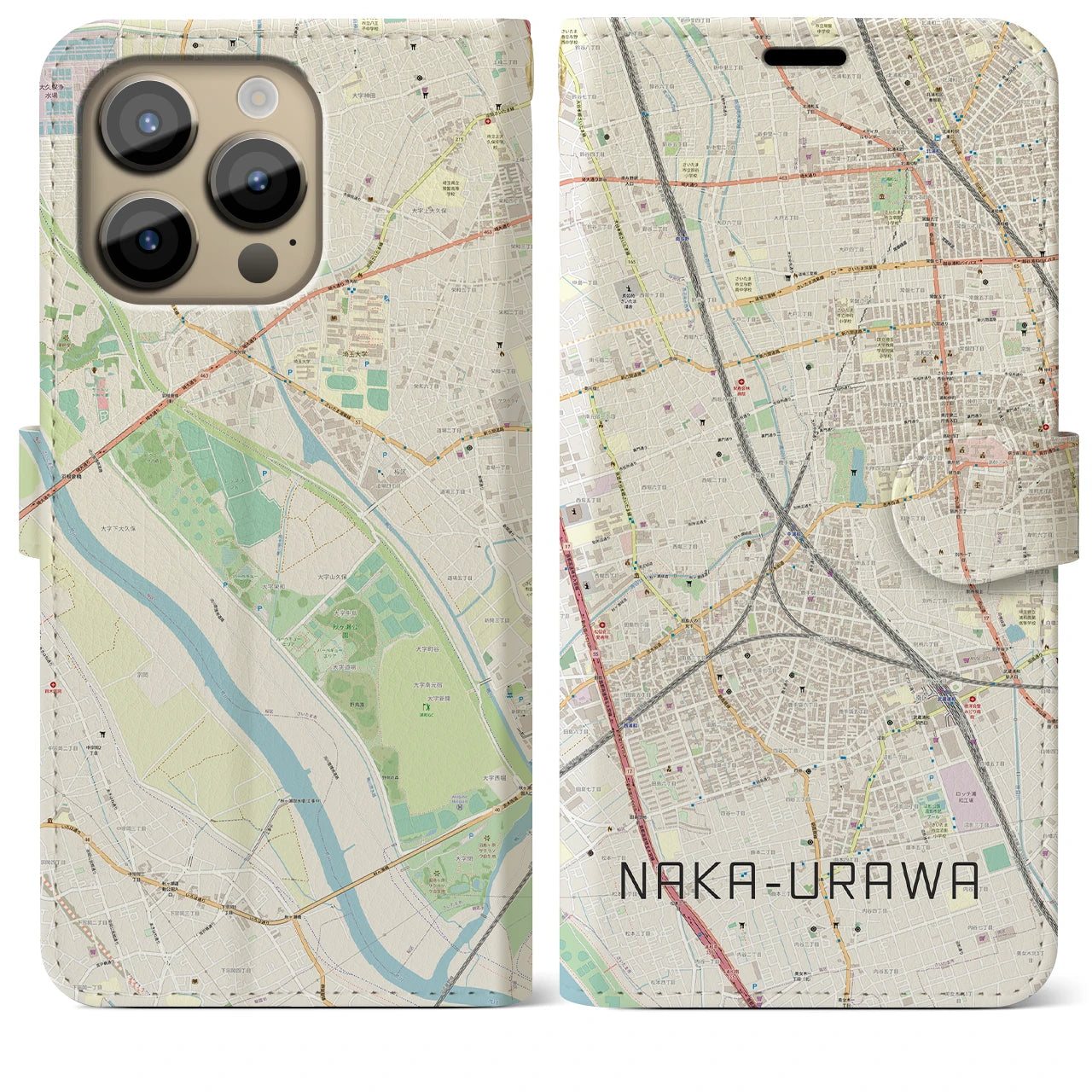 【中浦和】地図柄iPhoneケース（手帳両面タイプ・ナチュラル）iPhone 14 Pro Max 用