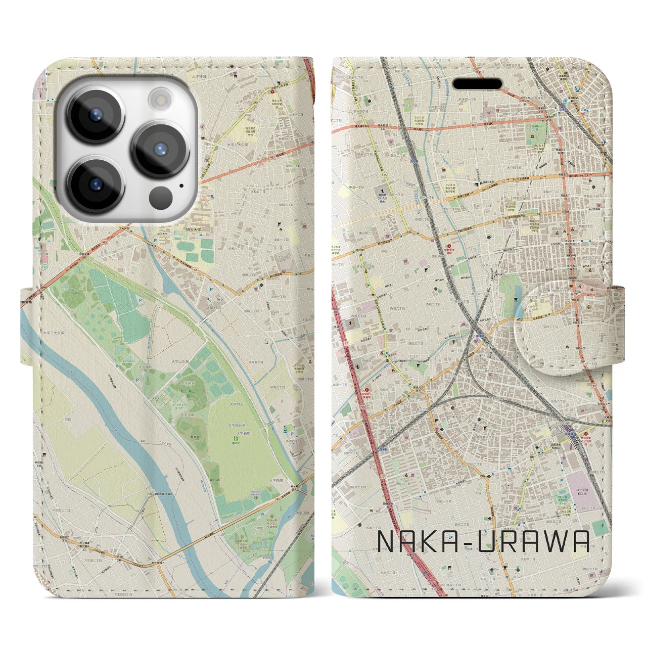 【中浦和】地図柄iPhoneケース（手帳両面タイプ・ナチュラル）iPhone 14 Pro 用