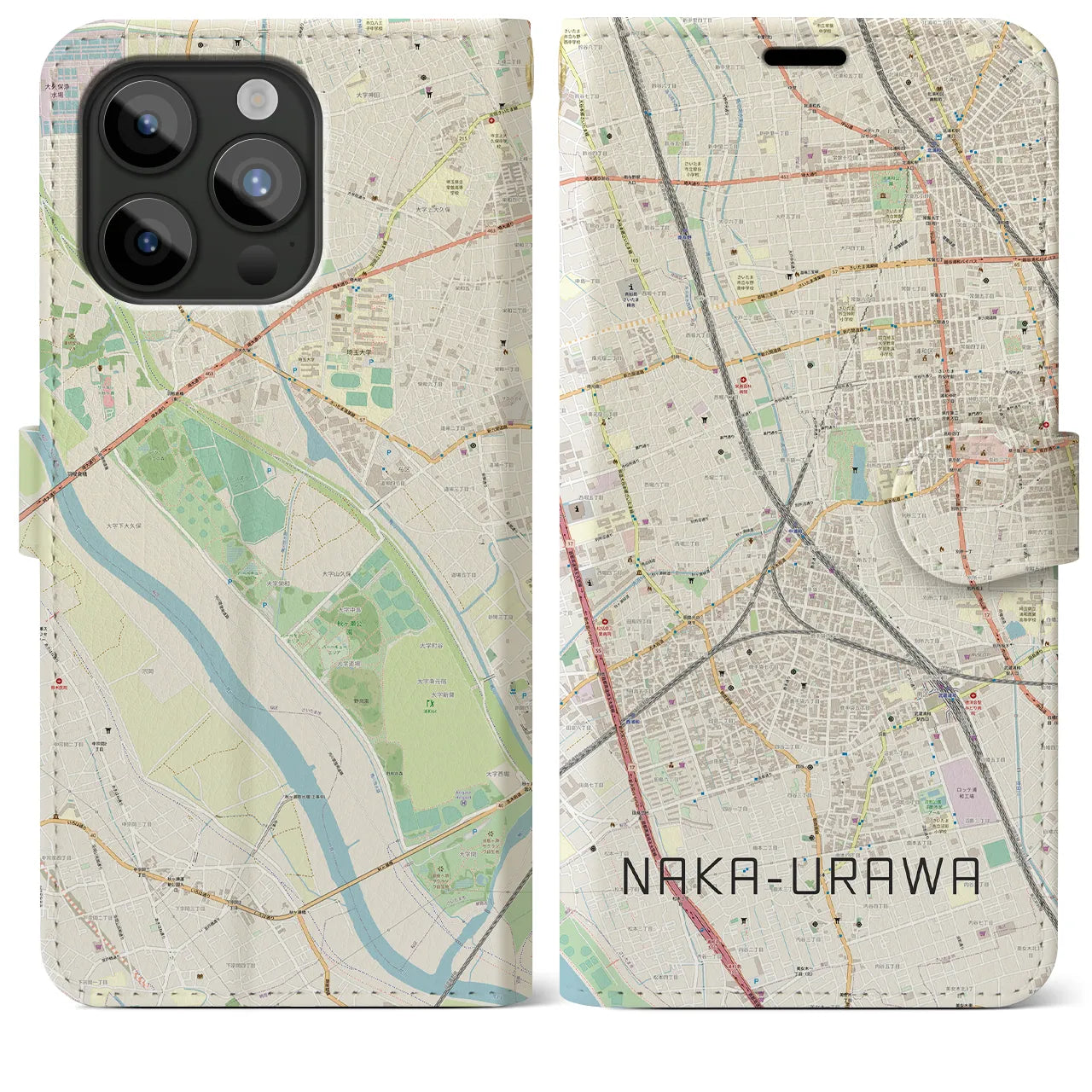 【中浦和】地図柄iPhoneケース（手帳両面タイプ・ナチュラル）iPhone 15 Pro Max 用
