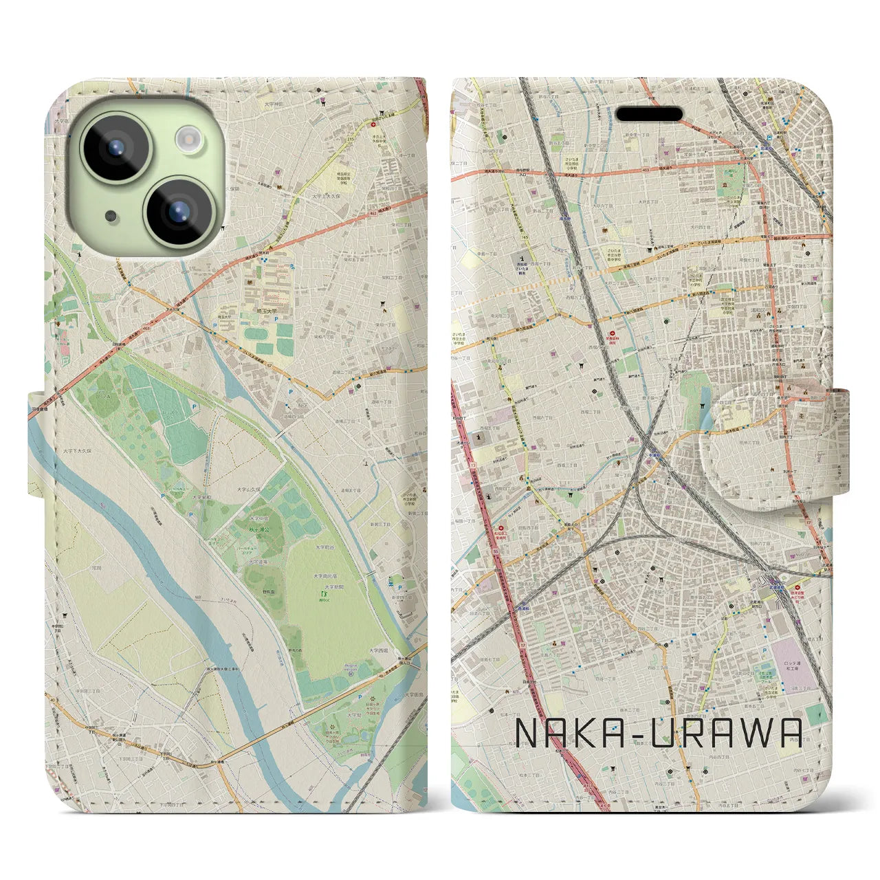 【中浦和】地図柄iPhoneケース（手帳両面タイプ・ナチュラル）iPhone 15 用