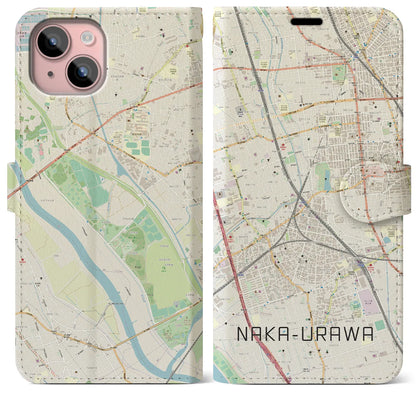 【中浦和（埼玉県）】地図柄iPhoneケース（手帳タイプ）ナチュラル・iPhone 15 Plus 用
